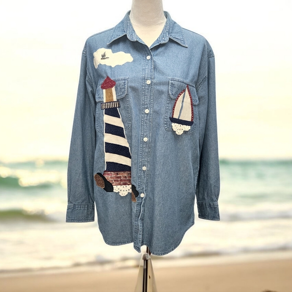 AMRAV Denim Shirt Nautical Sea Sailboat Bird Sz M Lighthouse Crochet Water